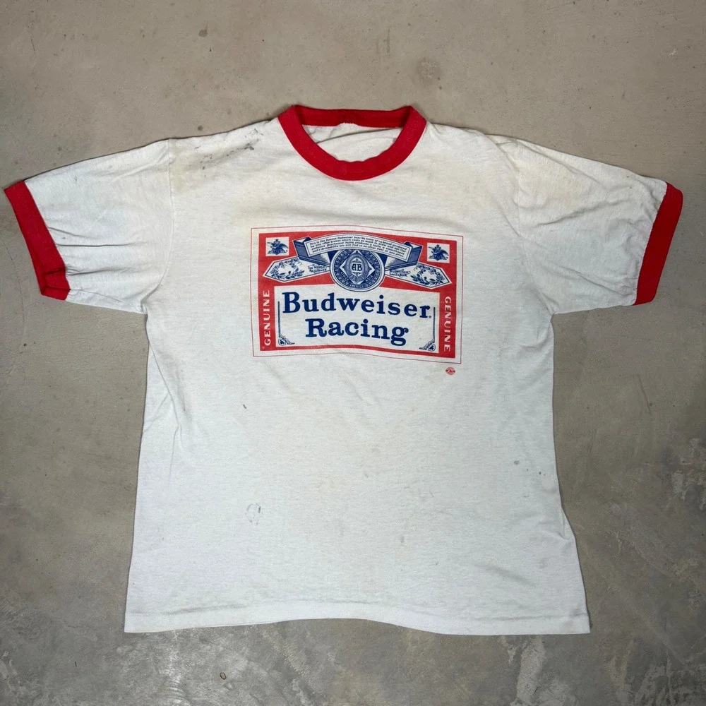 Vintage 80s Budweiser Racing Ringer T-Shirt White Red Single Stitch Distressed L